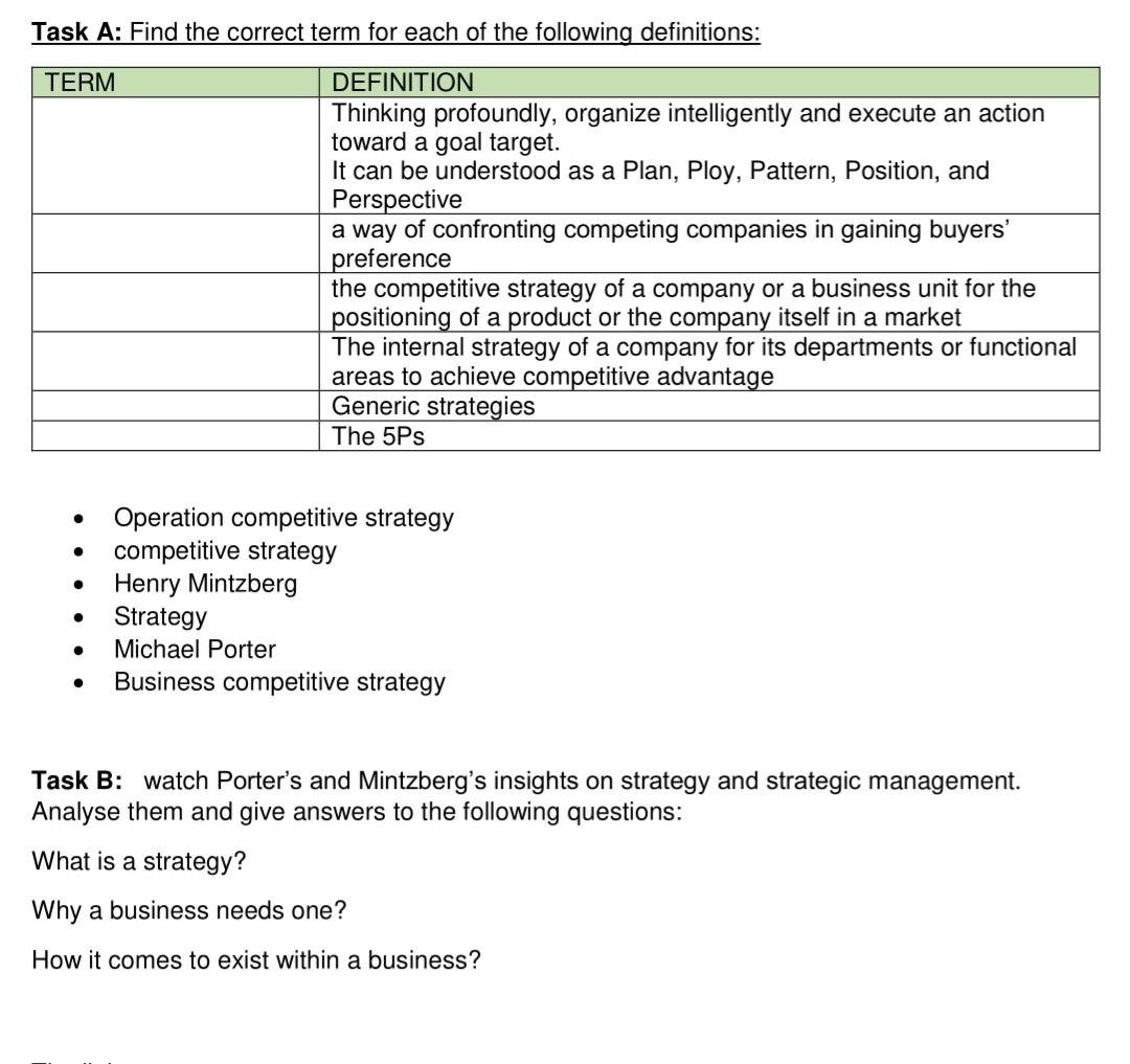 Task A: Find the correct term for each of the