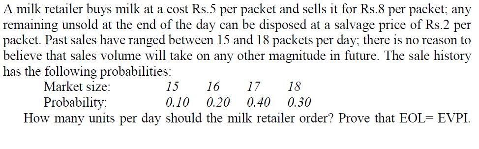 A milk retailer buys milk at a cost Rs.5 per