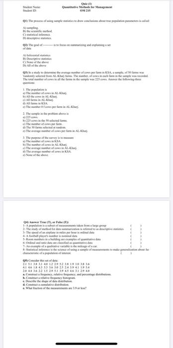 Student Nam Quantitative Methods for Management