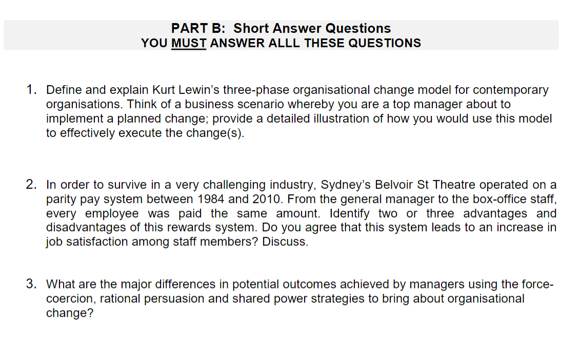 please help PART B: Short Answer Questions YOU