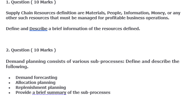 1. Question (10 Marks) Supply Chain Resources