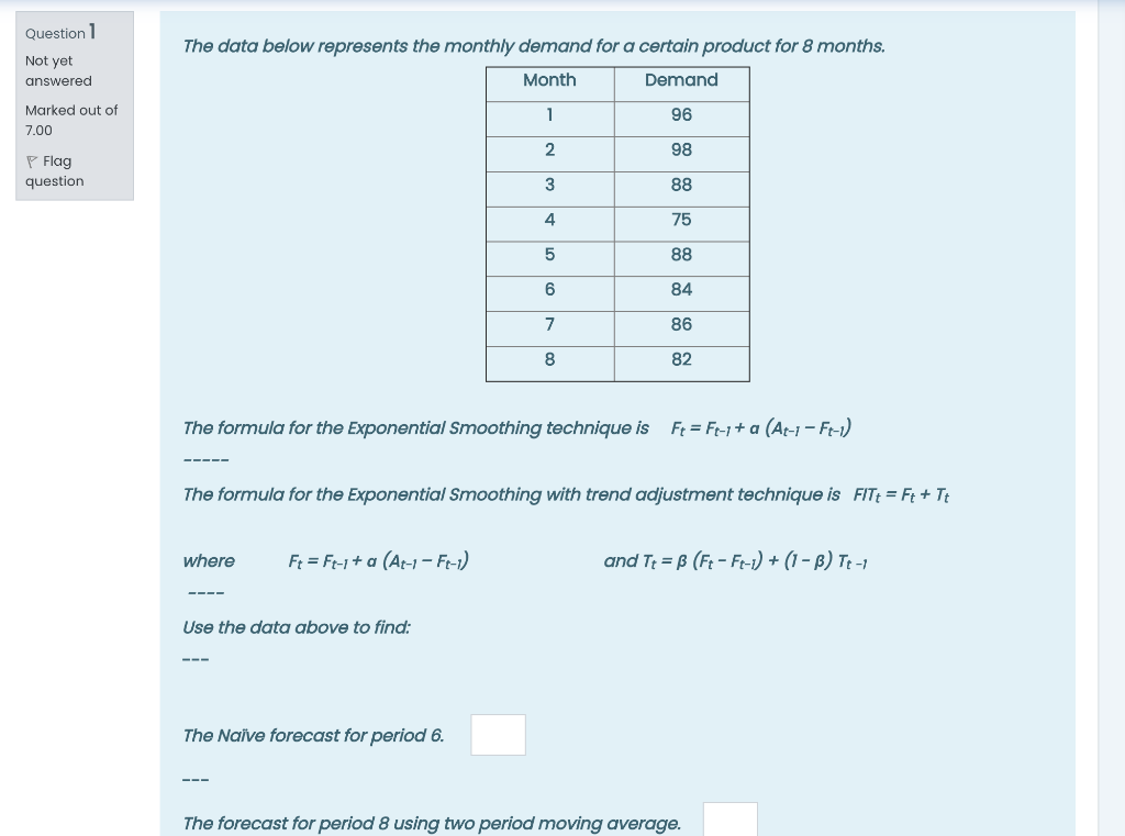 Question 1 Not yet answered The data below