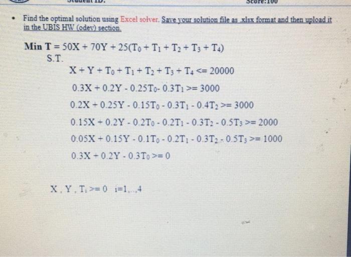 Find the optimal solution using Excel solver.