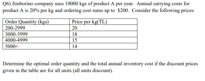 Q6) Jimborino company uses 10000 kgs of product A
