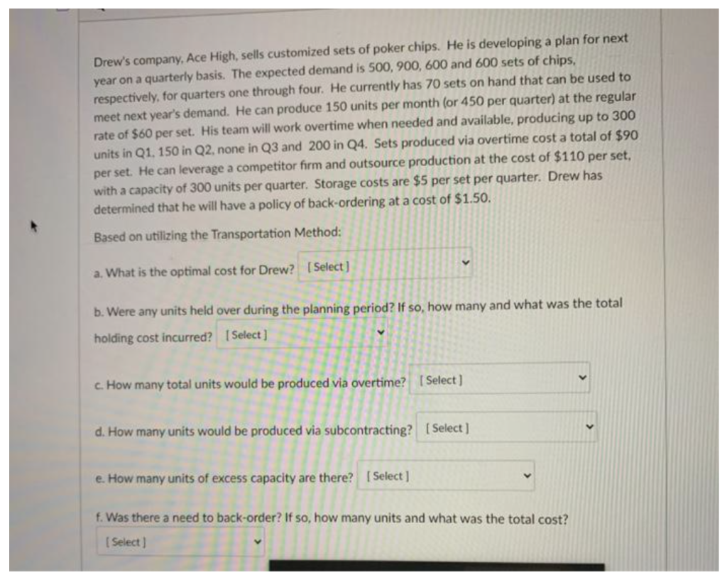 Drew's company, Ace High, sells customized sets