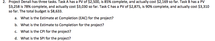 Project Denali has three tasks. Task A has a PV
