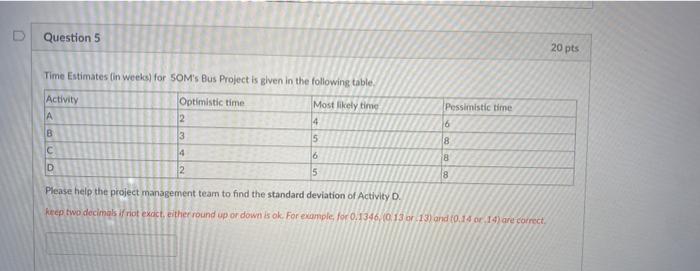 Question 5 20 pts Time Estimates (in weeks) for