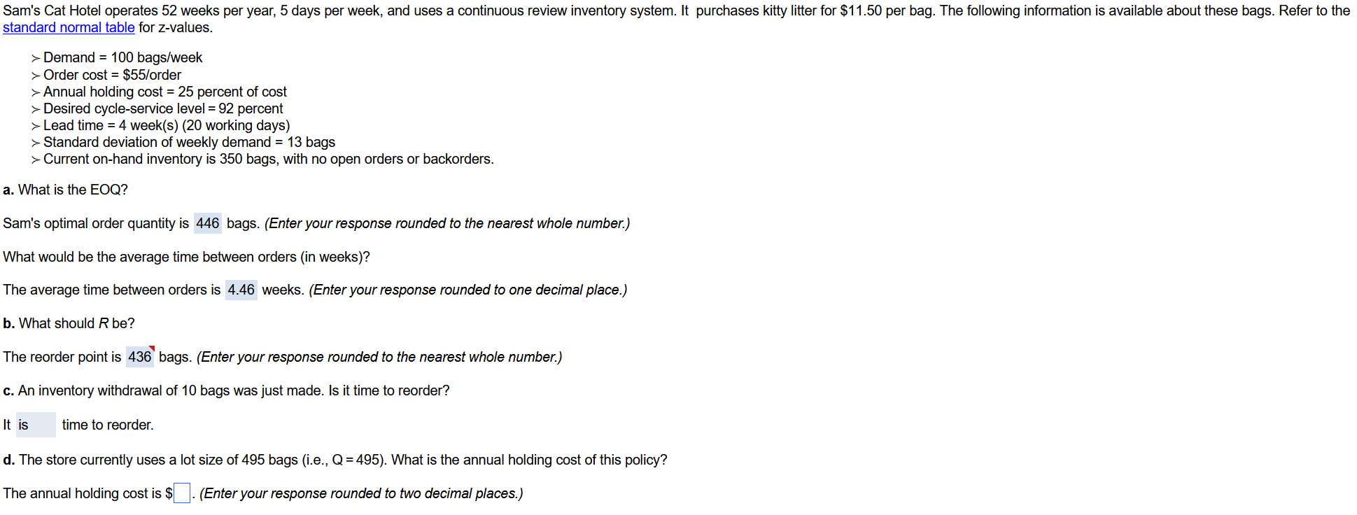 standard normal table for z-values. > Demand