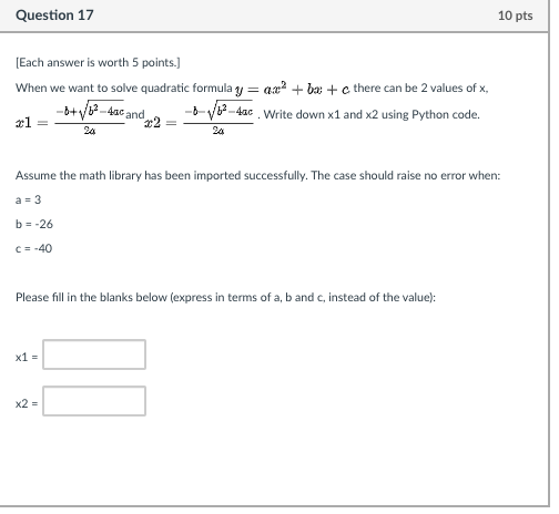 Question 17 10 pts [Each answer is worth 5