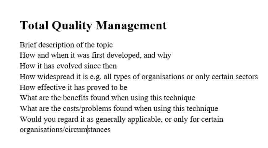 Total Quality Management Brief description of the