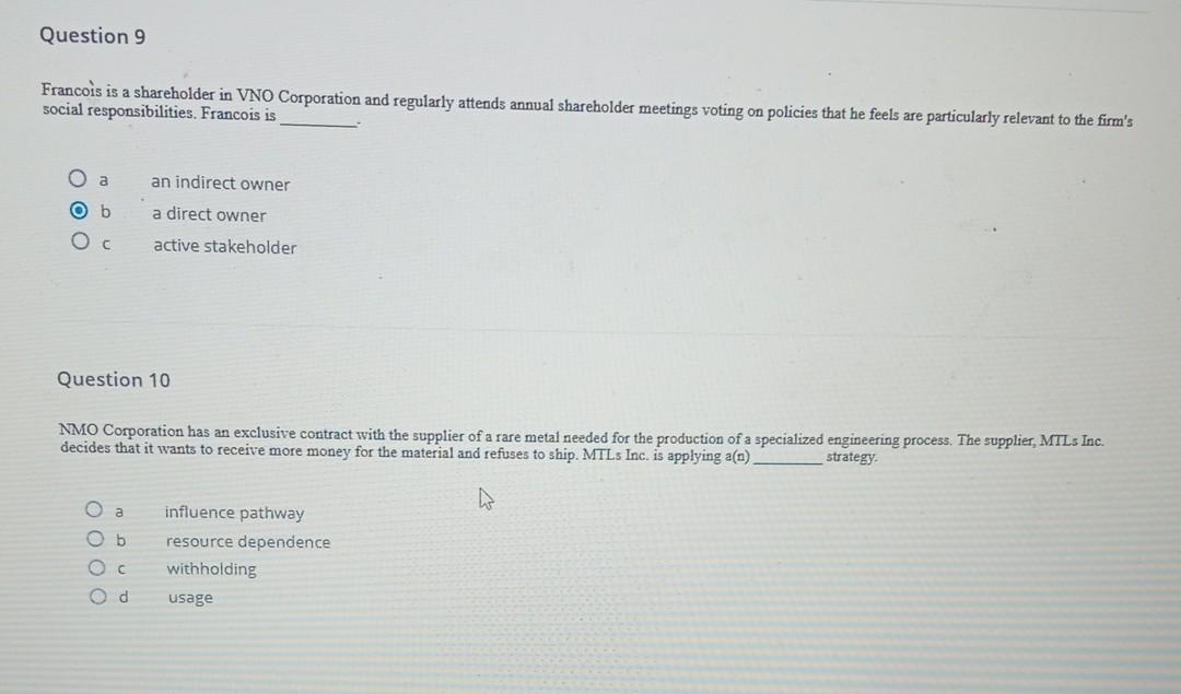 Question 9 Francois is a shareholder in VNO