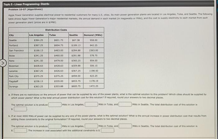 Topic 5-Linear Programming: Distrib Problem 10-07