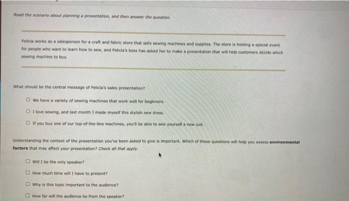 Read the scenario about planning a presentation,