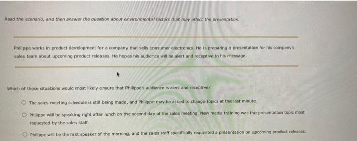 Read the scenario about planning a presentation,