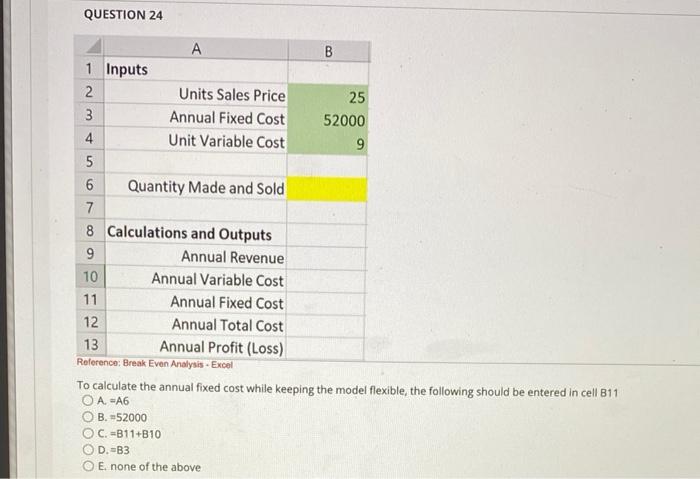 QUESTION 23 B 25 52000 9 A 1 Inputs 2 Units Sales