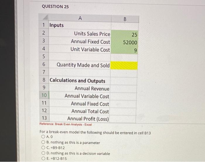 QUESTION 23 B 25 52000 9 A 1 Inputs 2 Units Sales