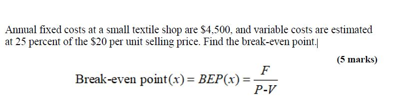Annual fixed costs at a small textile shop are
