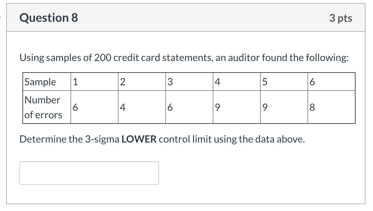 Question 8 3 pts Using samples of 200 credit card
