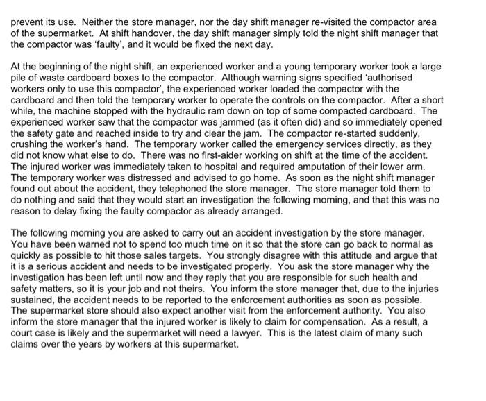 SCENARIO You are the health and safety advisor