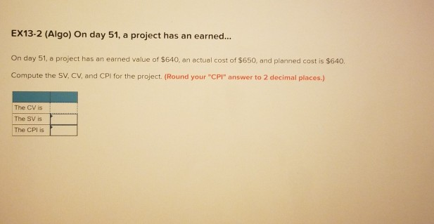 EX13-2 (Algo) On day 51, a project has an