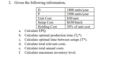 2. Given the following information, 1800