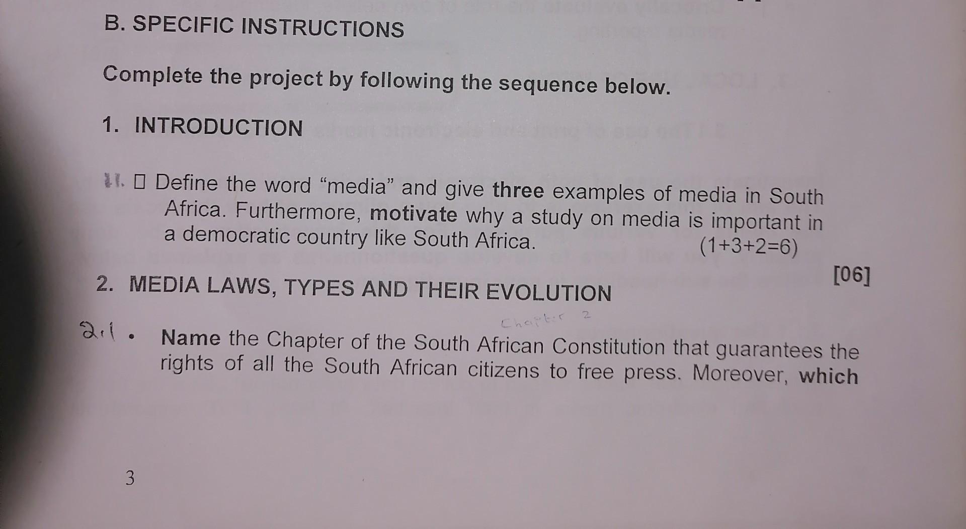 B. SPECIFIC INSTRUCTIONS Complete the project by