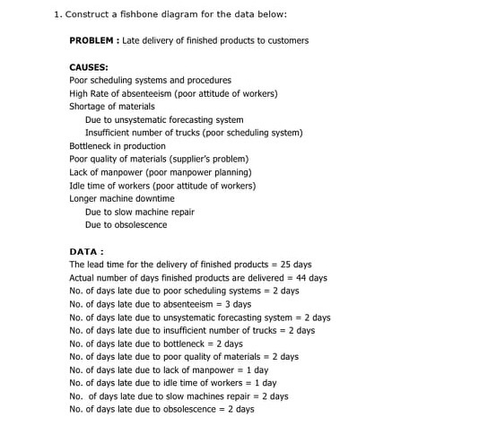 1. Construct a fishbone diagram for the data