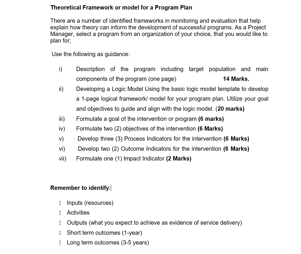 Theoretical Framework or model for a Program Plan