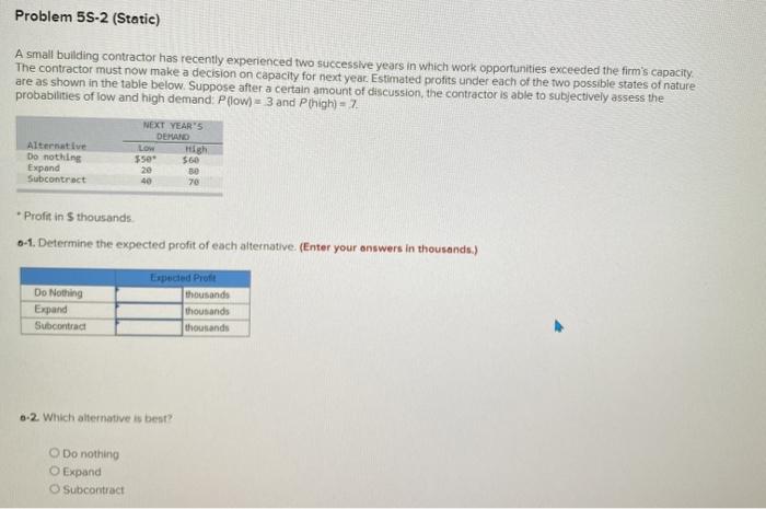 Problem 5S-2 (Static) A small building contractor