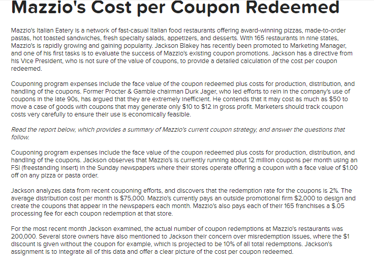 Mazzio's Cost per Coupon Redeemed Mazzio's