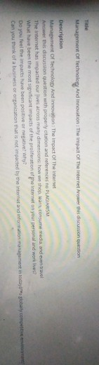 Title Management of Technology and innovation :