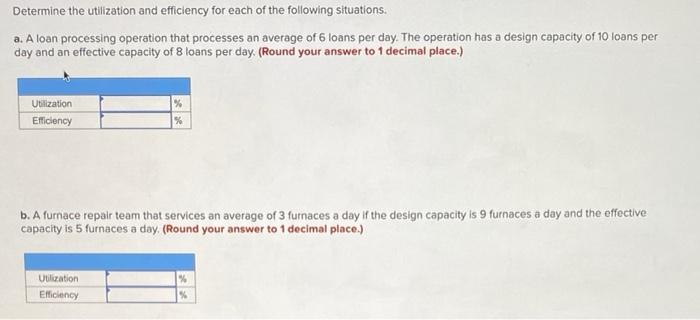 Determine the utilization and efficiency for each