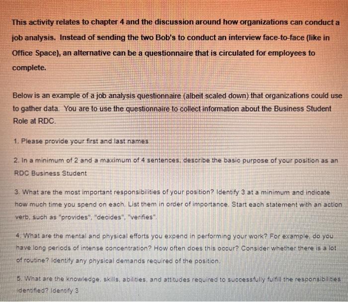 This activity relates to chapter 4 and the