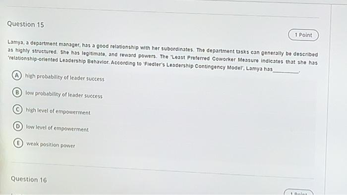 Question 15 1 Point Lamya, a department manager,