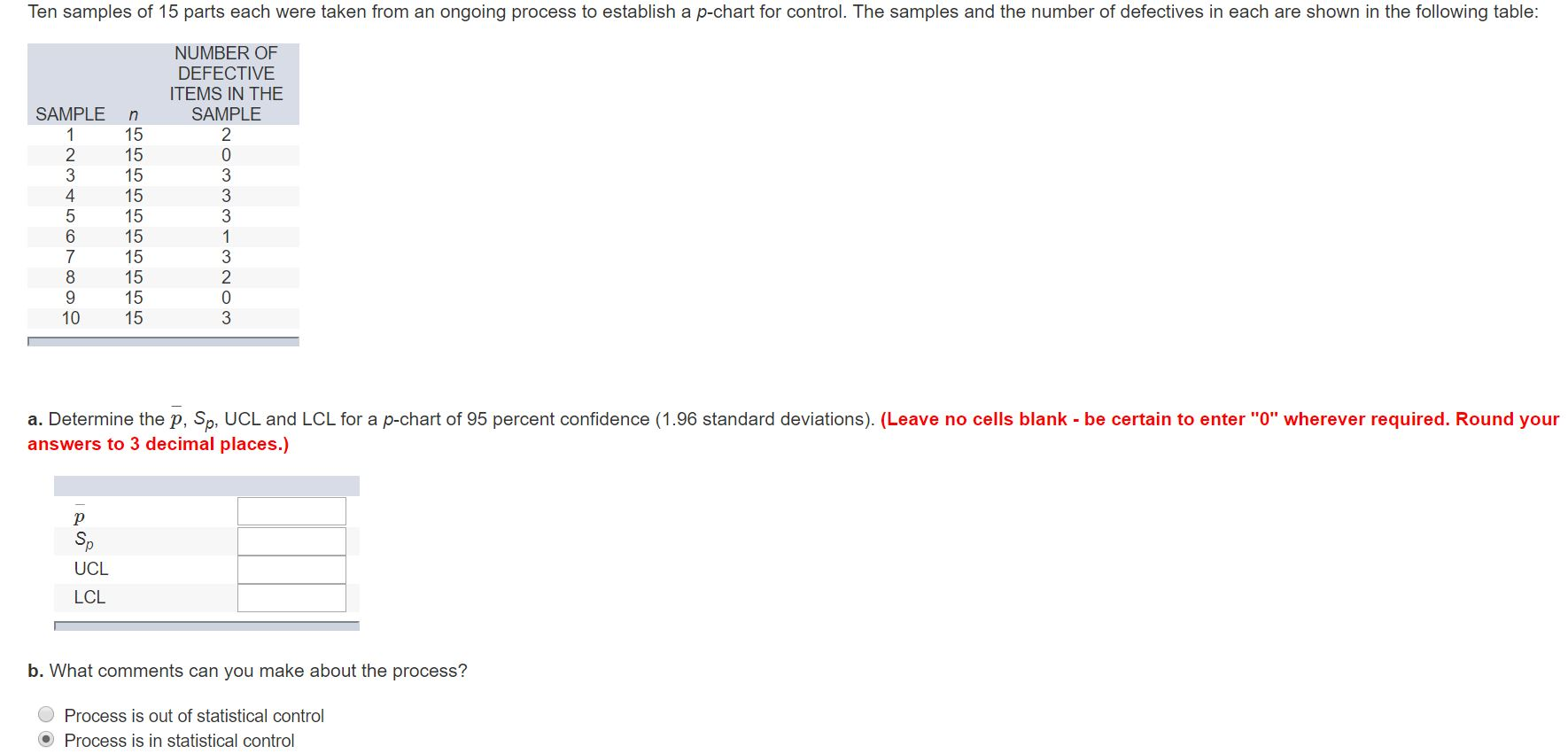 Ten samples of 15 parts each were taken from an