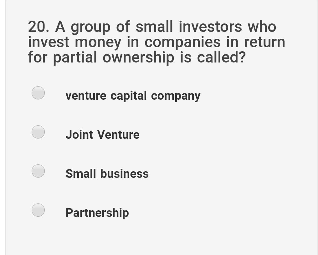 20. A group of small investors who invest money