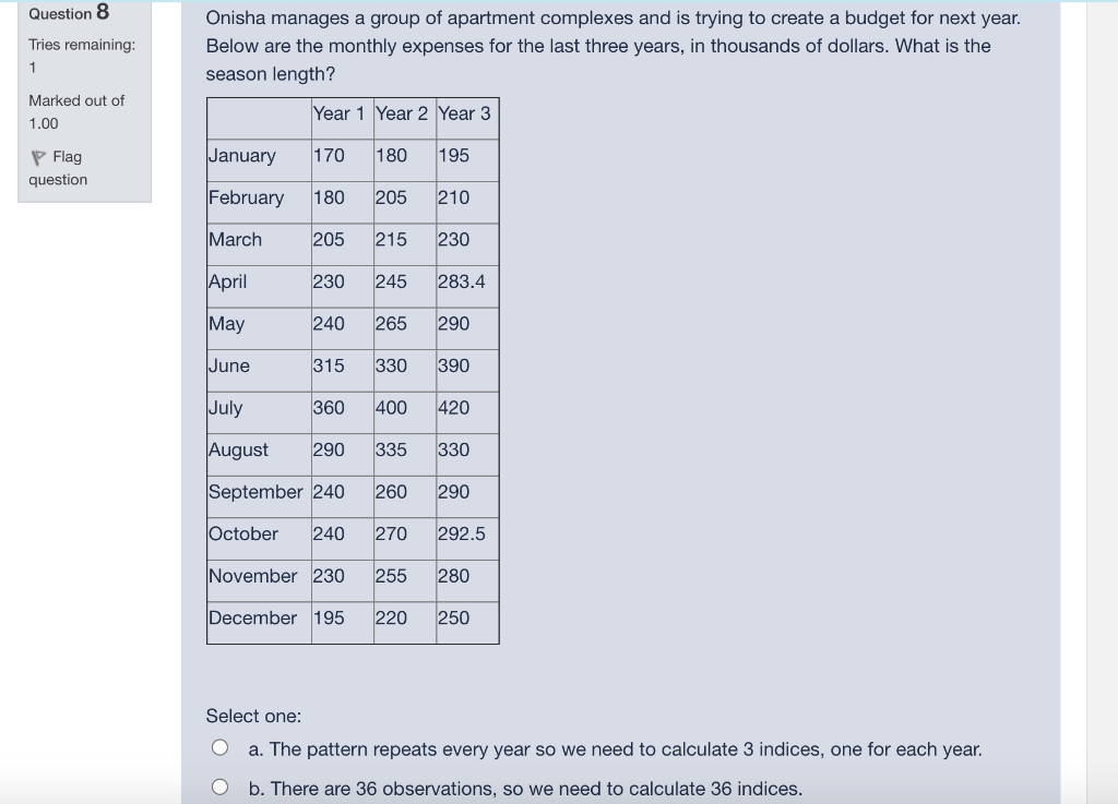 Question 8 Tries remaining: Onisha manages a