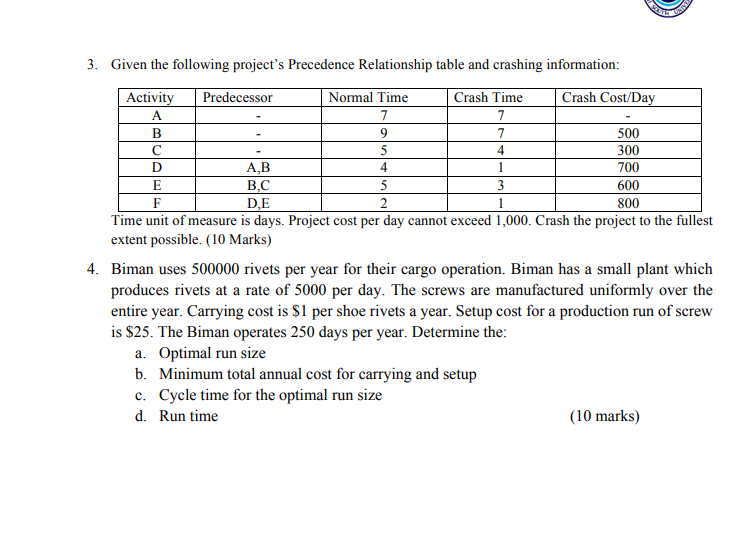 3. Given the following project's Precedence