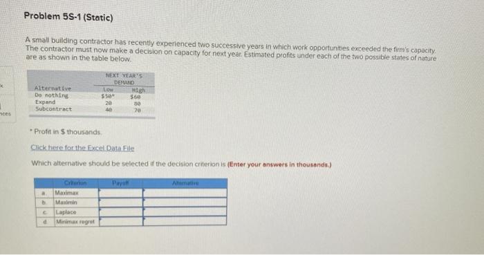 Problem 5S-1 (Static) A small building contractor