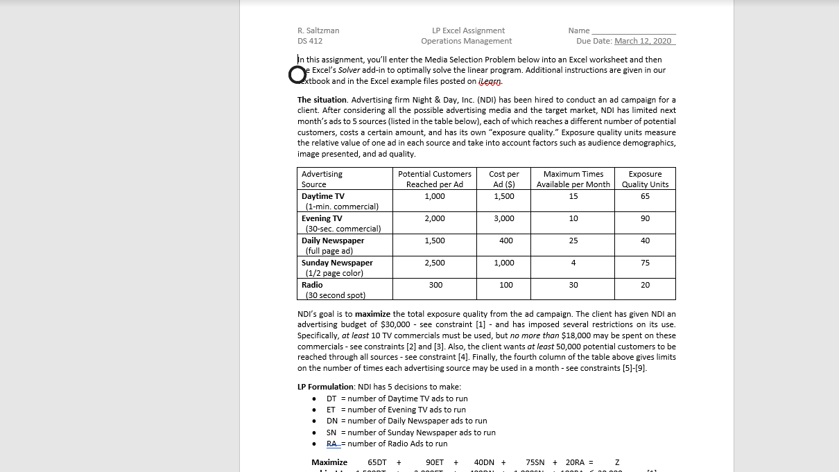-Please show work on excel. Thanks :) R. Saltzman