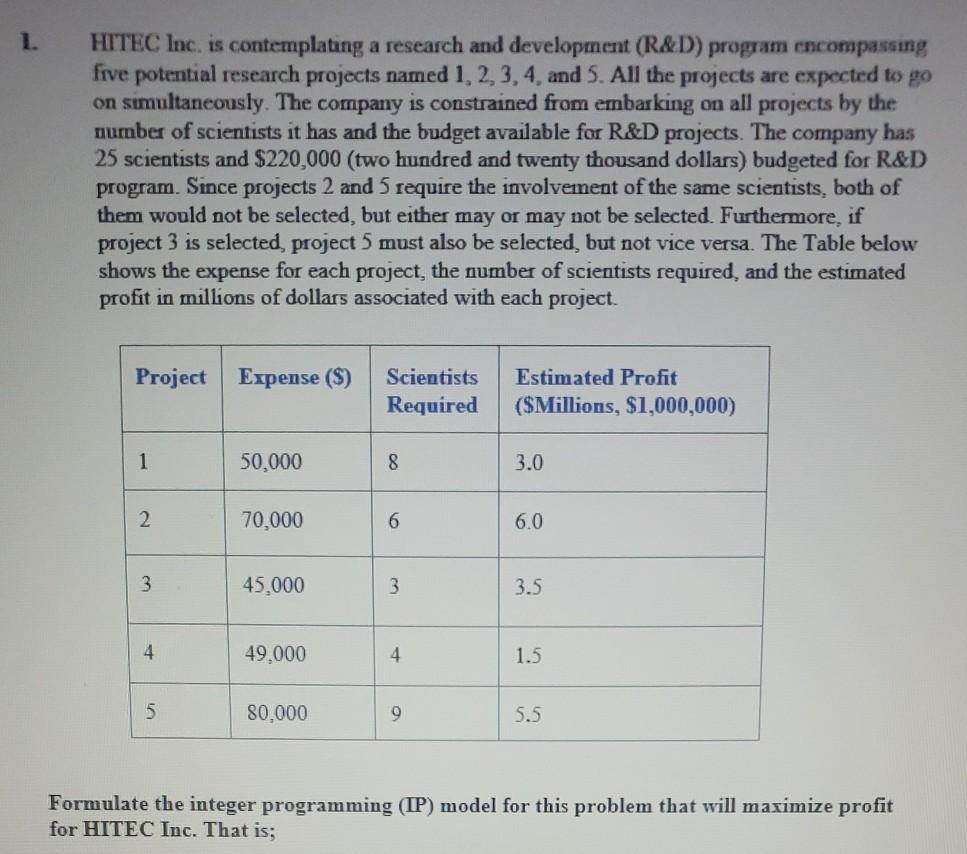 1. HITEC Inc. is contemplating a research and