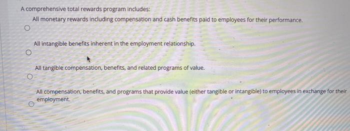 A comprehensive total rewards program includes: