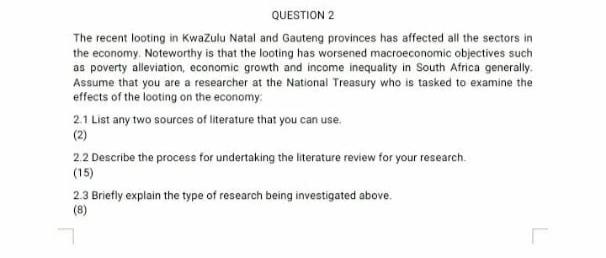 QUESTION 2 The recent looting in KwaZulu Natal