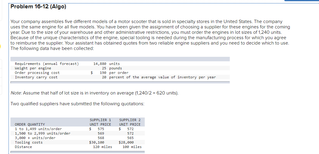 Problem 16-12 (Algo) Your company assembles five