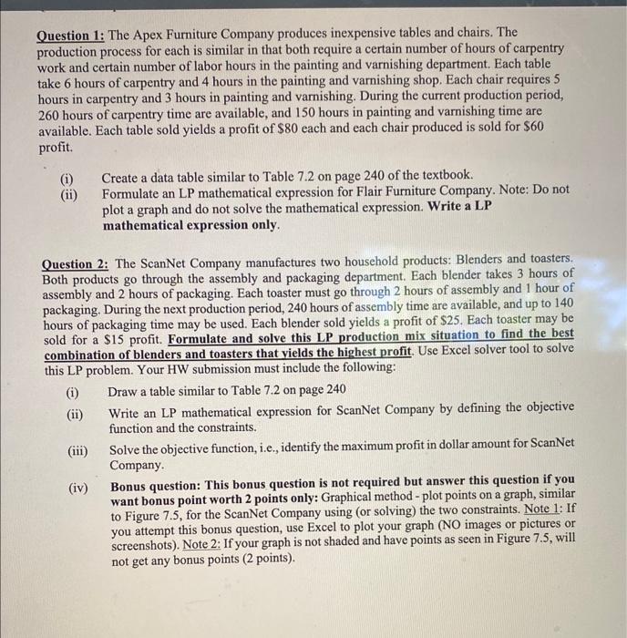 Question 1: The Apex Furniture Company produces