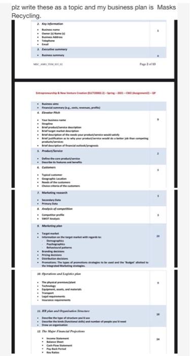 my business plan is about Mask Recycling plz