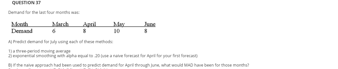 QUESTION 37 Demand for the last four months was:
