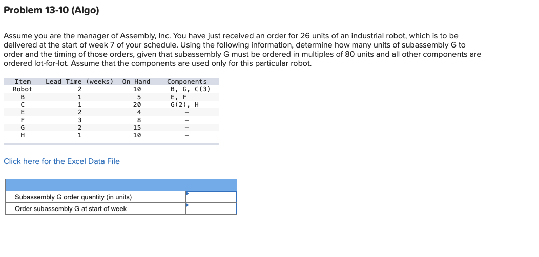 Problem 13-10 (Algo) Assume you are the manager