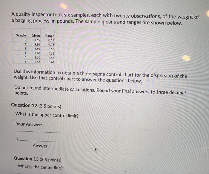 A quality inspector took six samples, each with