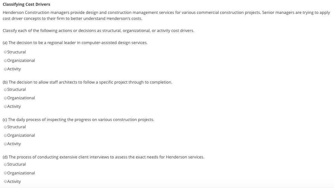 Classifying Cost Drivers Henderson Construction